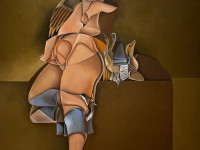 Luis Zárate (México, 1951), Mujer y pájaro atado, óleo sobre tela, 162 x 113 cm., 1980